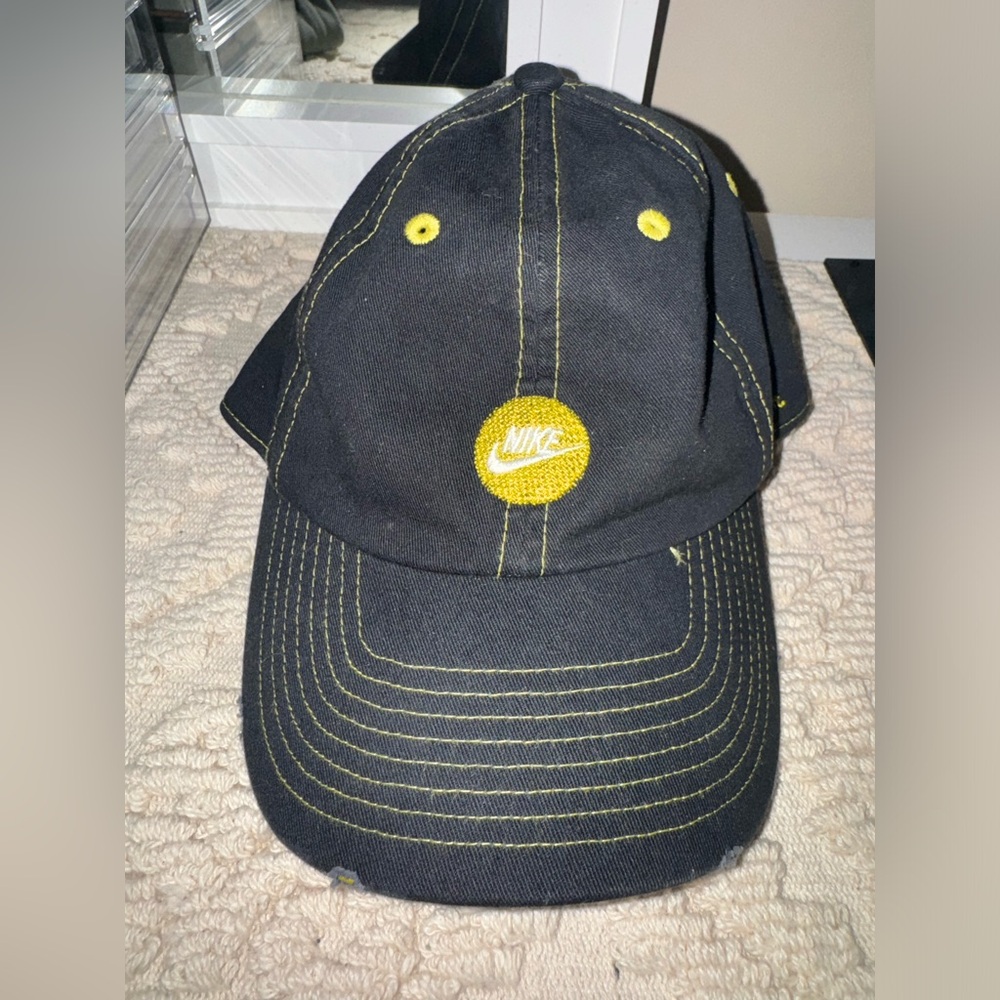vintage denim nike hat with yellow stitching